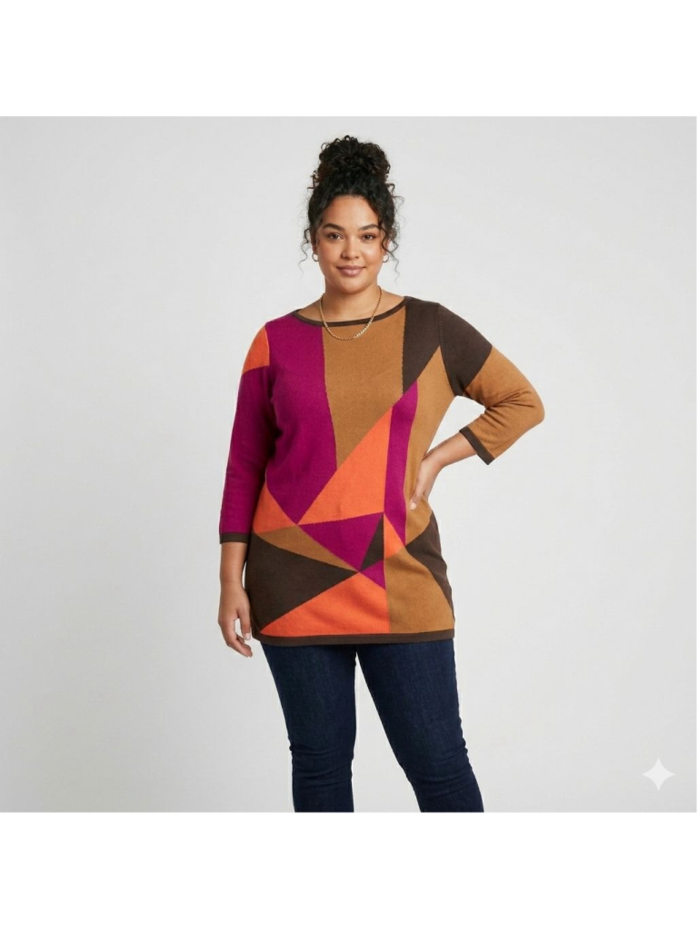 Adrienne Vittadini Women's Crew Neck Sweater Large Brown Orange Geometric